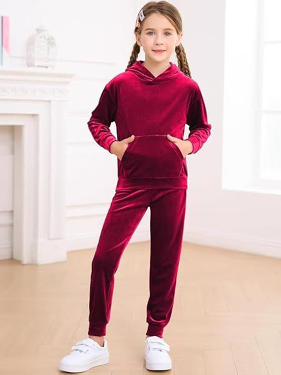 R Cube Girls Velvet Hooded Tracksuits