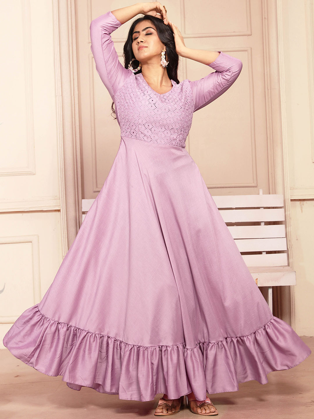 CHANSI Self Designed Round Neck Fit & Flared Ethnic Dresses