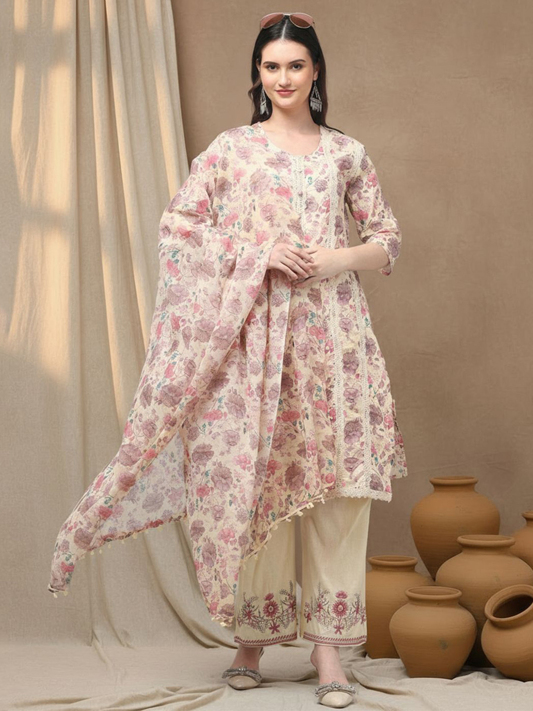 Aronita Floral Printed Thread Work Pure Cotton Kurta With Palazzos & Dupatta