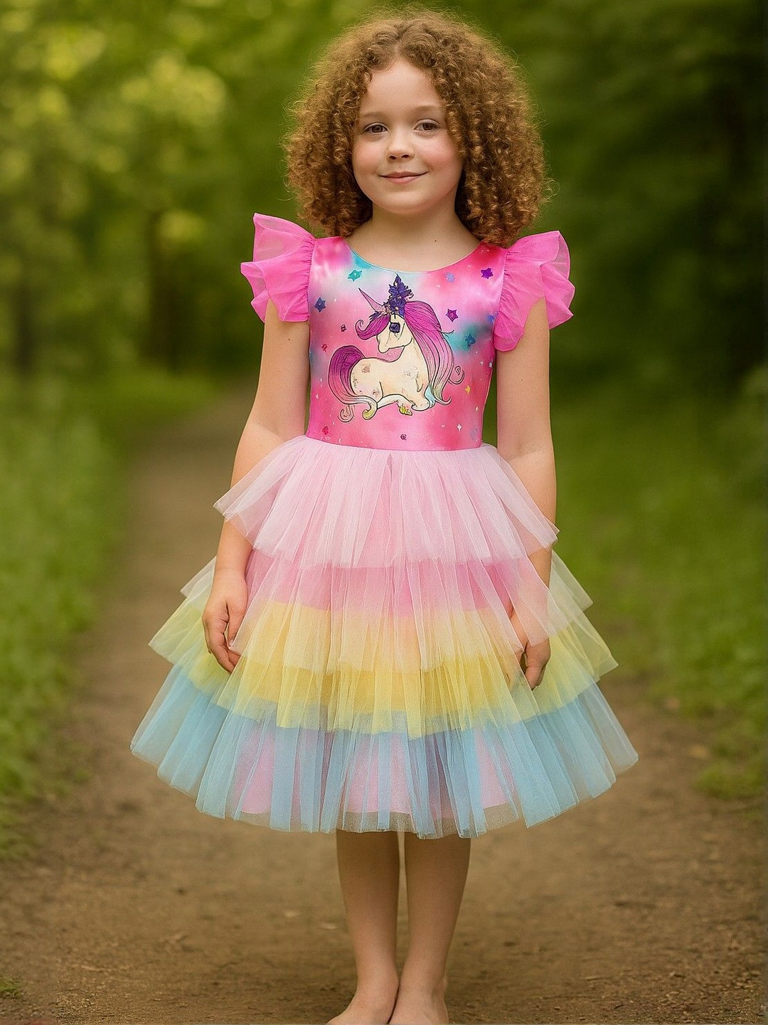 My Lil Princess Girls Pink Unicorn Printed Layered Round Neck Fit & Flare Net Dress