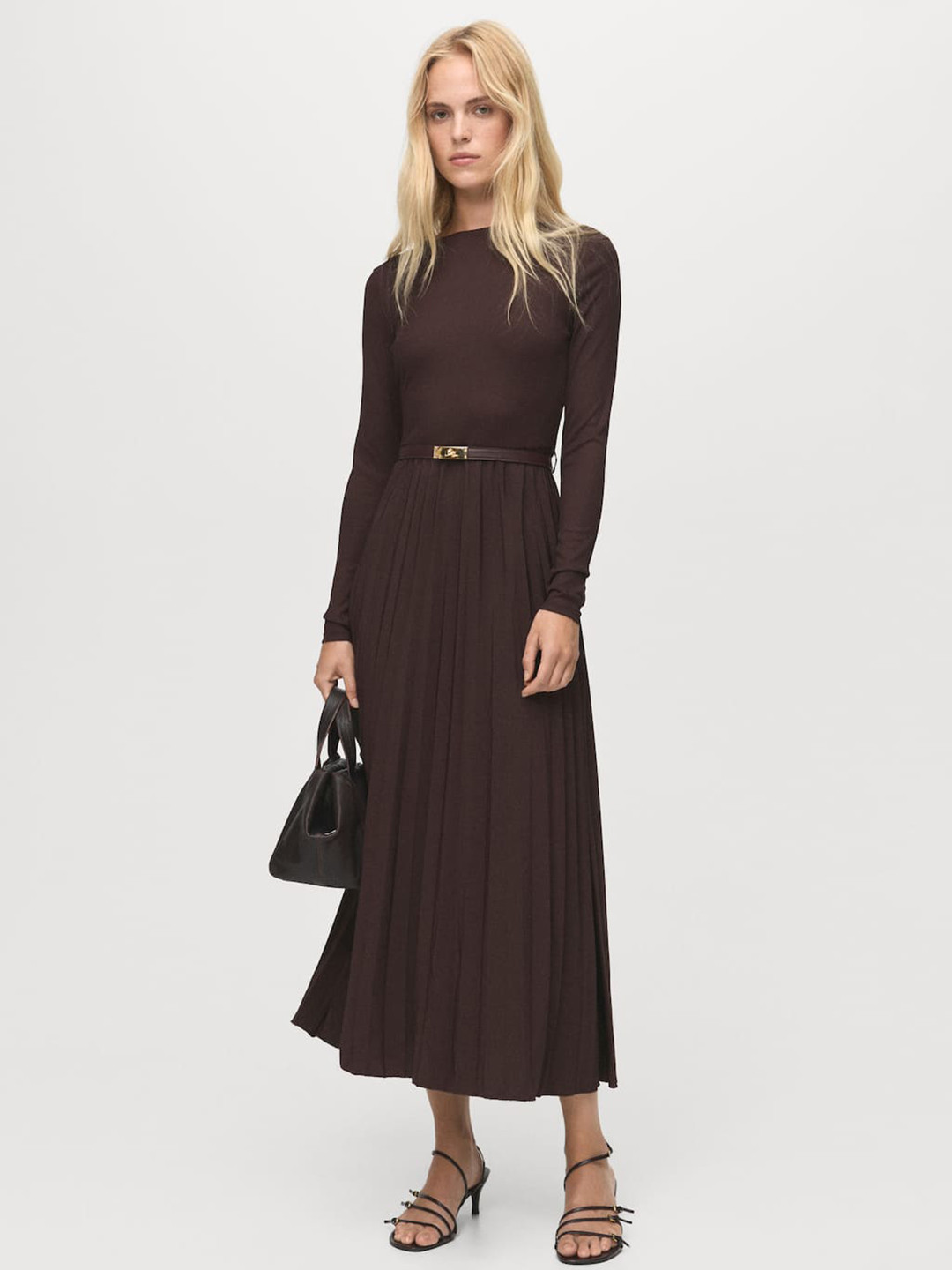 MANGO Ribbed Accordian Pleated Boat Neck Maxi Fit & Flare Dress with Belt