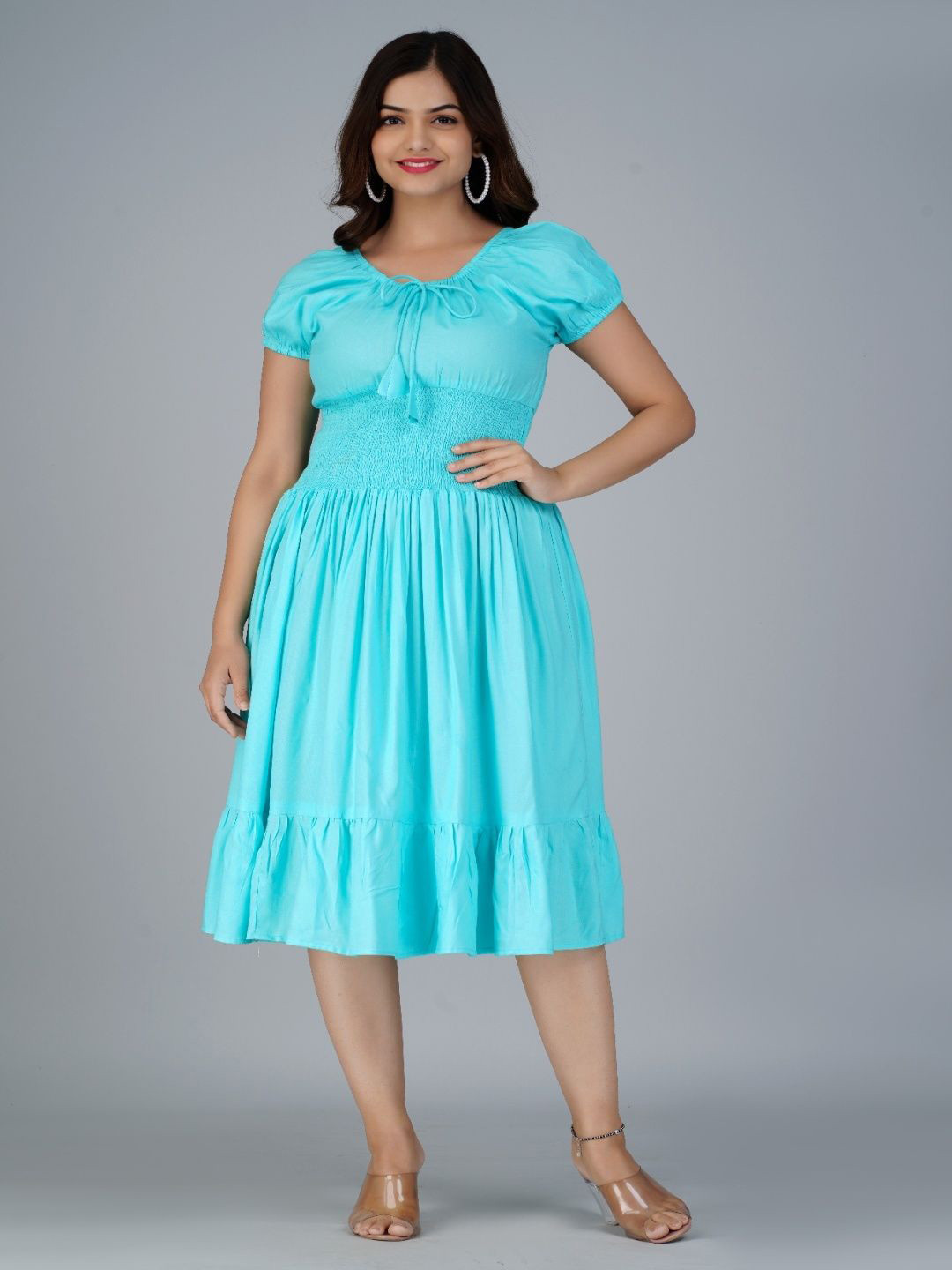 HANAA TRADERS Women Smocked Cotton Fit & Flare Midi Dress