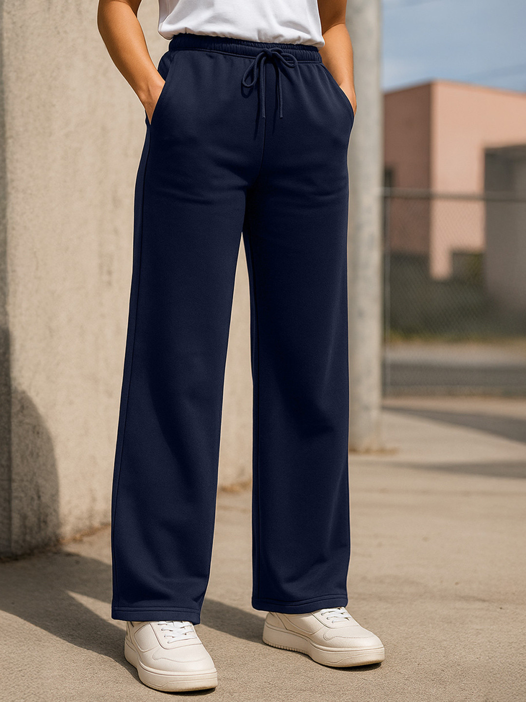 JUNEBERRY Women Navy Blue Solid Wide Leg Mid Rise Flared Fit Pure Cotton Track Pant