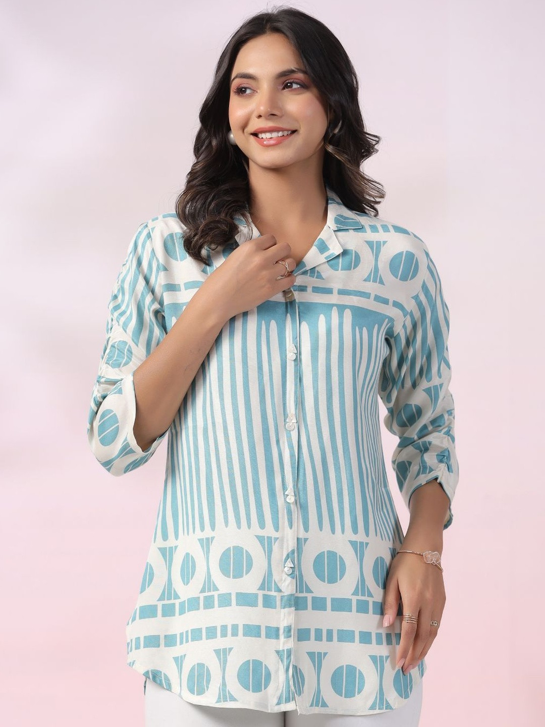 KALINI Light Blue Abstract Print Russian Silk Tunic