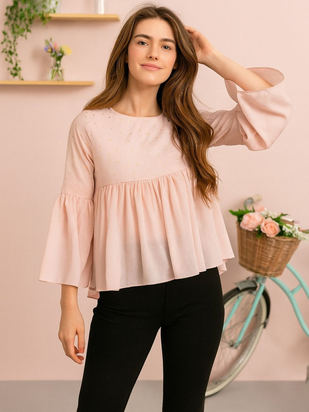 HERE&NOW Women Baby Pink Full Sleeves Foil Print Top