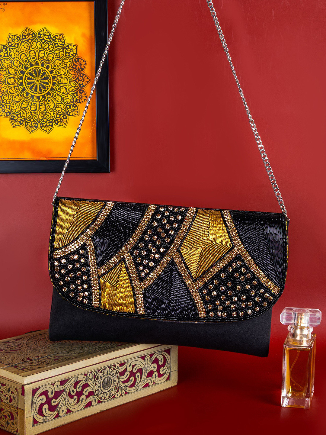 QANISHA Embroidered Suede Envelope Clutch