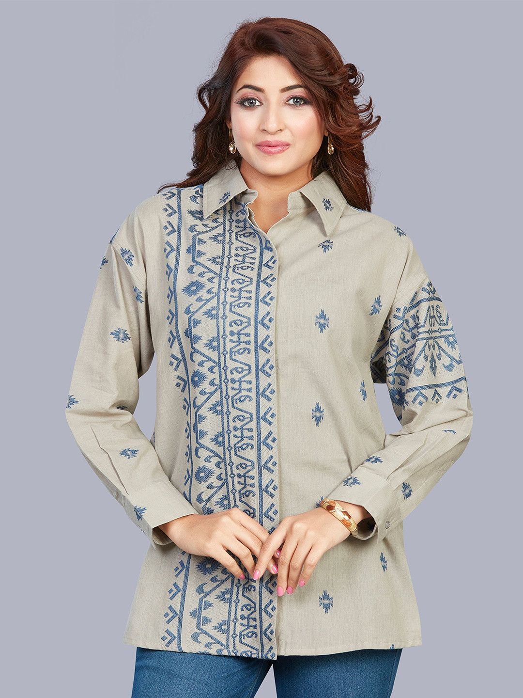 FANTASIA Women Embroidered Shirt Collar Neck Tunic