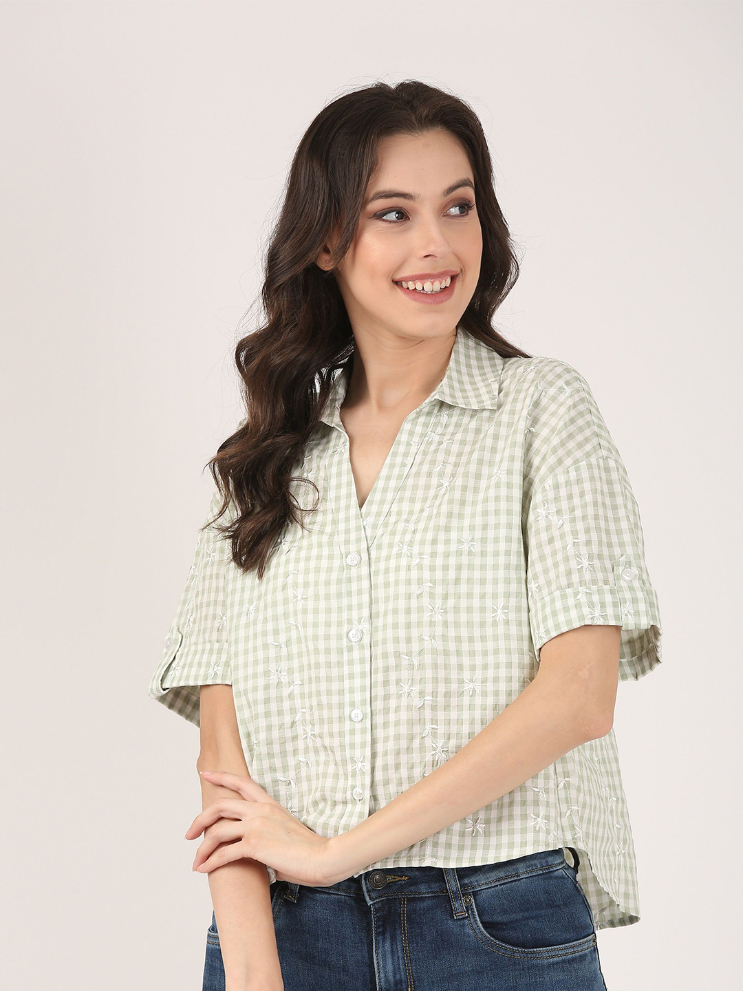 Jolene.club Women Boxy Fit Gingham Checked Spread Collar Cotton Casual Shirt