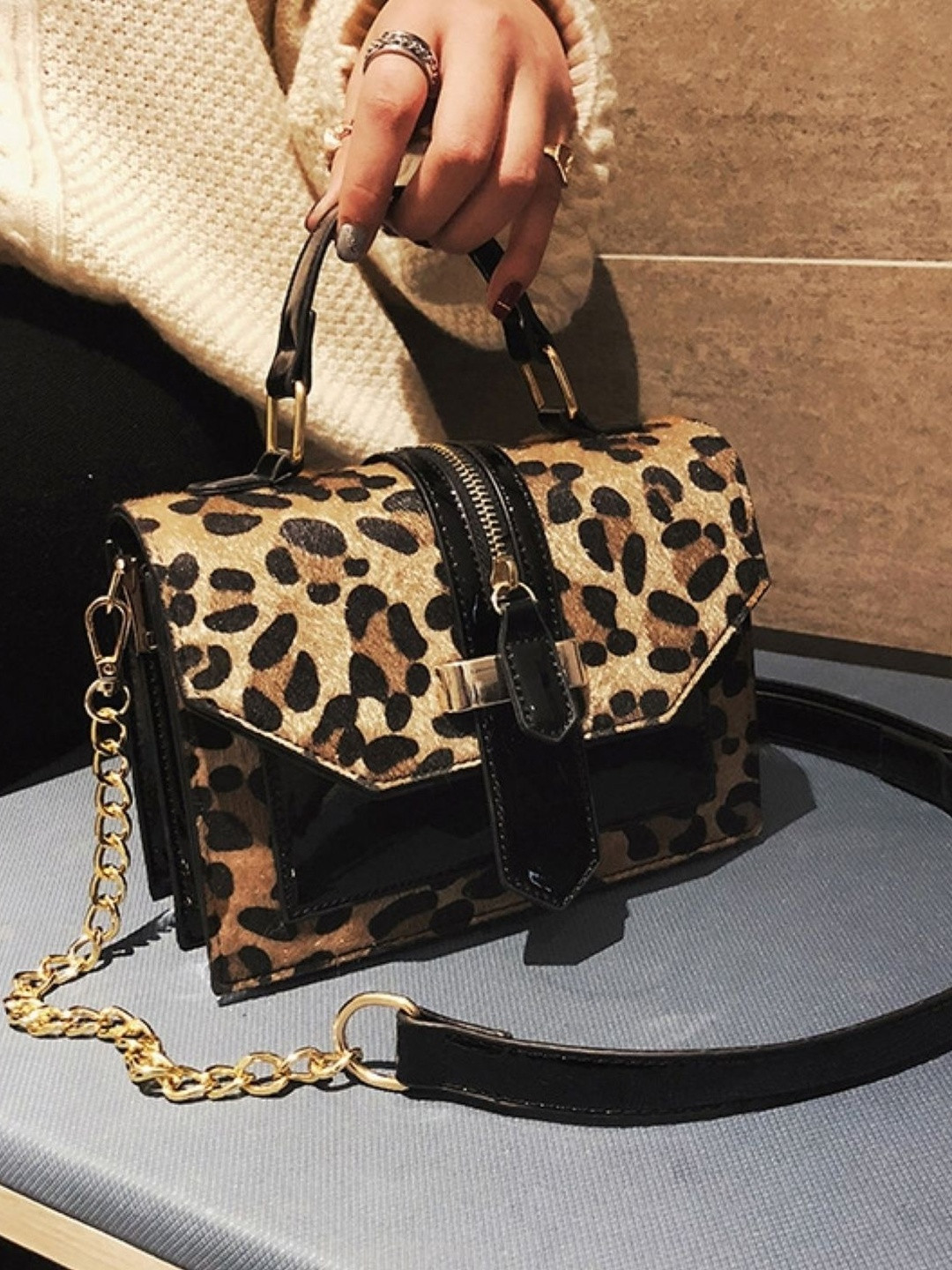 CORSICA Women Brown & Black Tiger Printed Polyester Swagger Handheld Bag