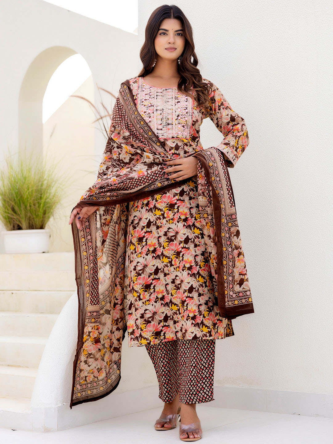Cora Women Floral Printed Thread Work Pure Cotton Kurta with Trousers & Dupatta