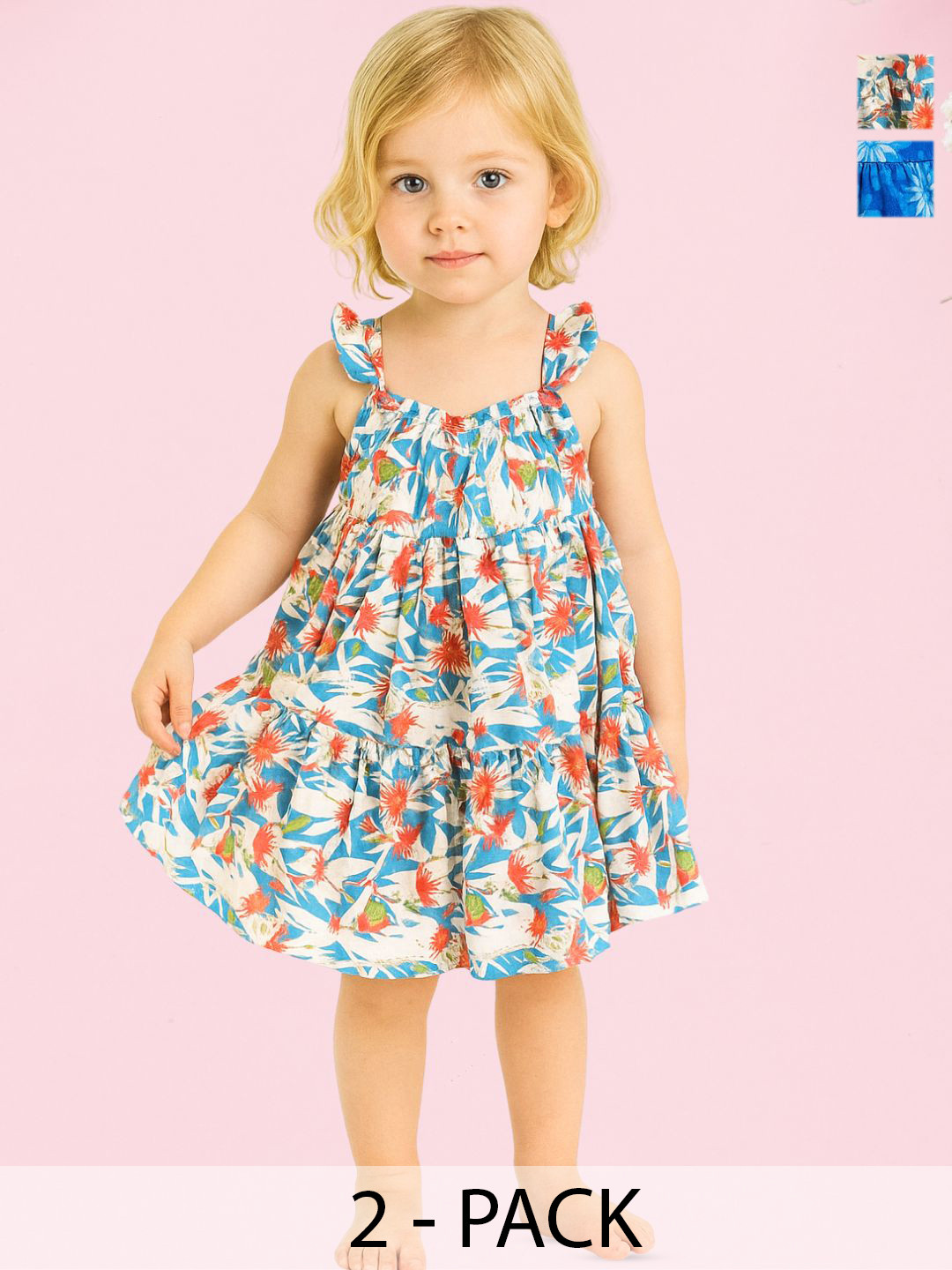 TotzTouch Baby Girls Gathered Floral Print Frock Pack of 2