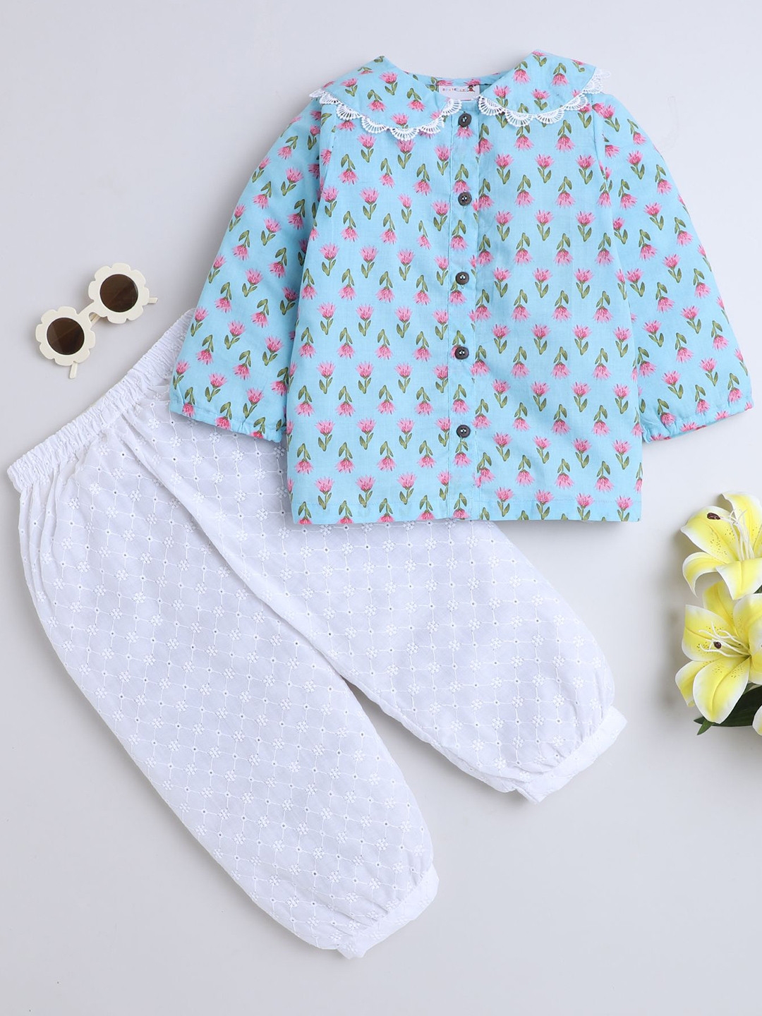 BAATCHEET Girls Printed Peter Pan Collar Pure Cotton Top With Trousers