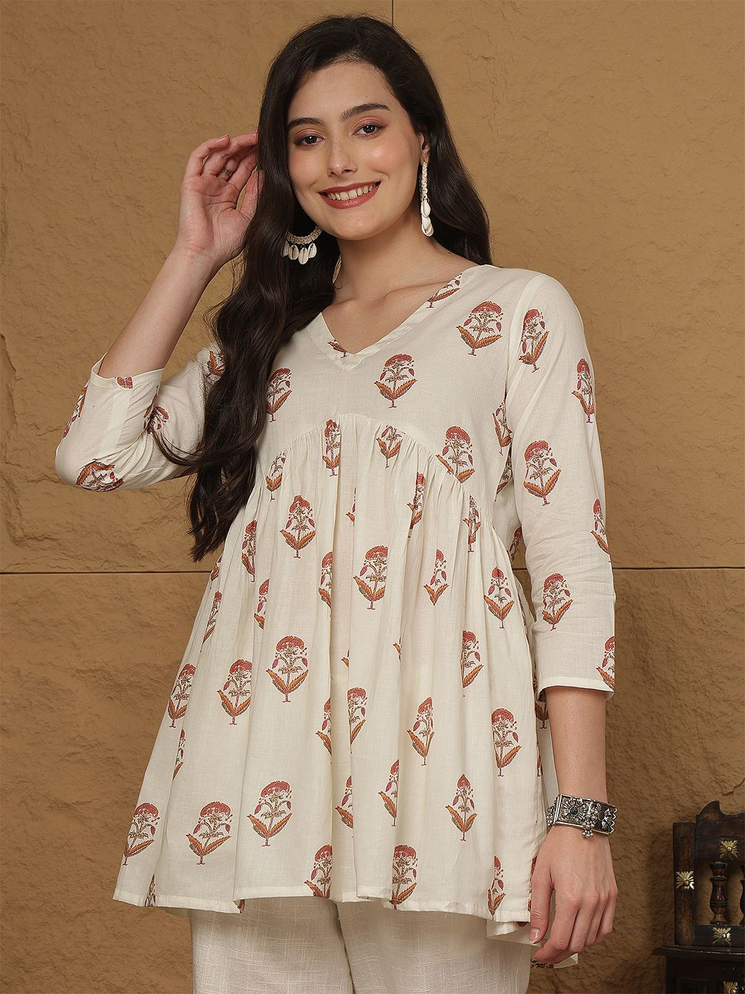 GLAM ROOTS Floral Printed Cotton Empire Top