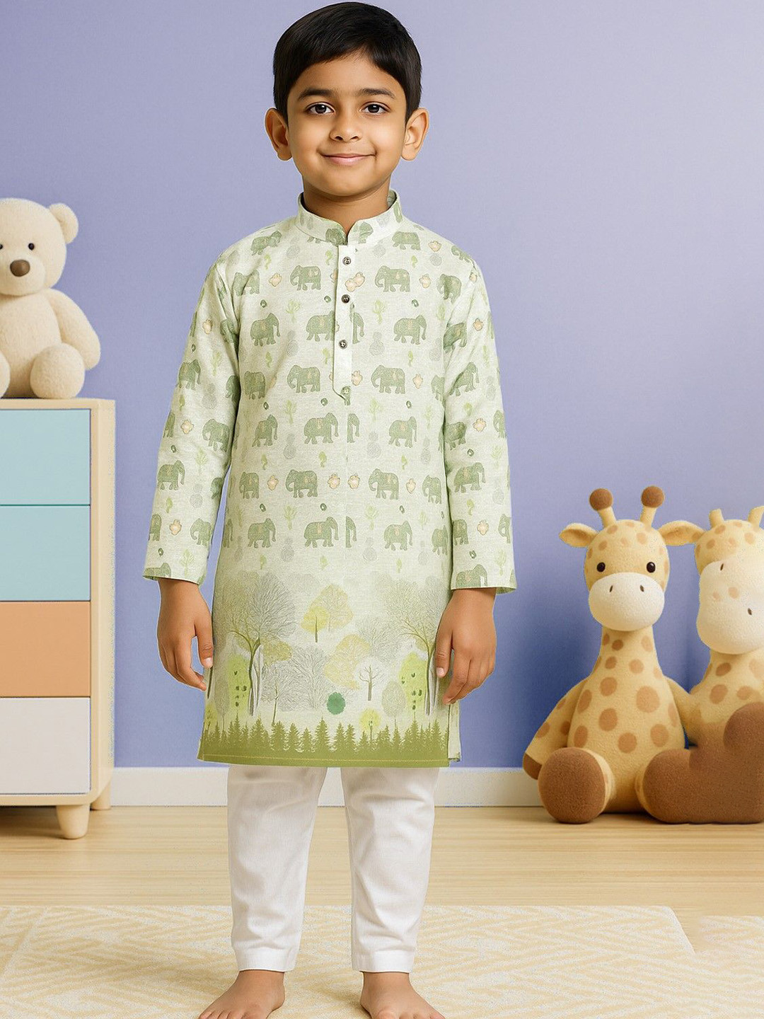 HUMAN CHOICE Boys GreenPrinted Regular Sequinned Kurta With Pyjama