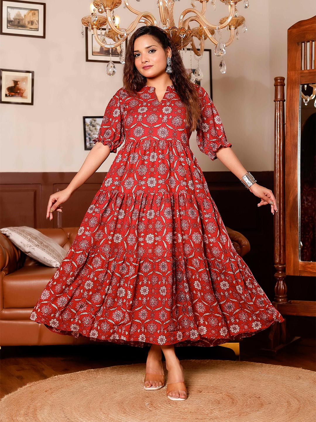 PRESHA Women Cotton Floral Print Puff Sleeve Fit & Flare Midi Dress