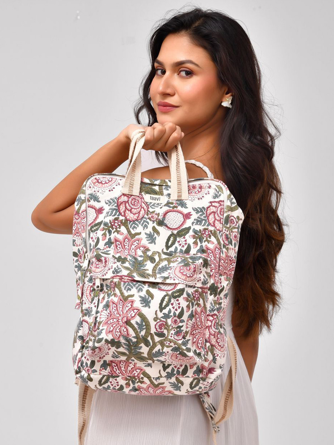 Taavi Women Floral Block Printed Canvas College Backpack