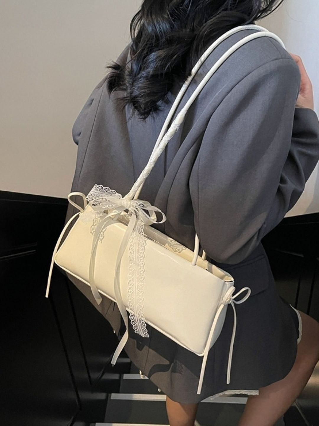 CORSICA White Solid PU Regular PU Swagger Shoulder Bag With Lace Bows