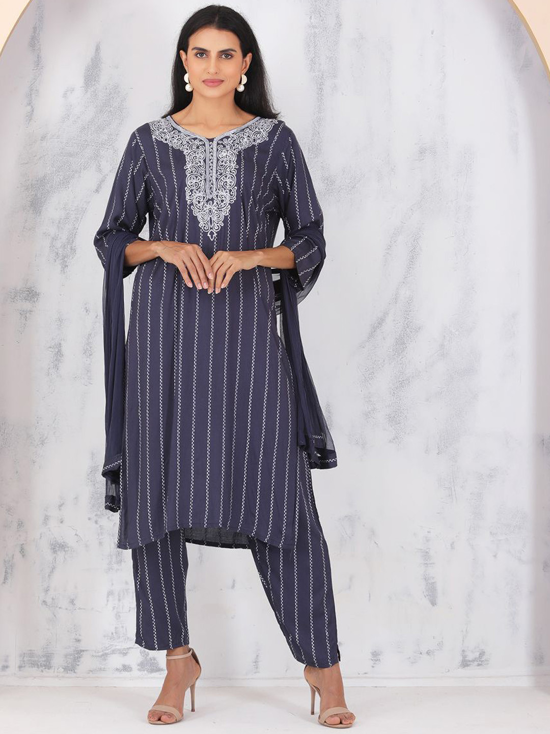 Sold For Style Women Striped Embroidered Cotton Kurta with Trousers & Dupatta