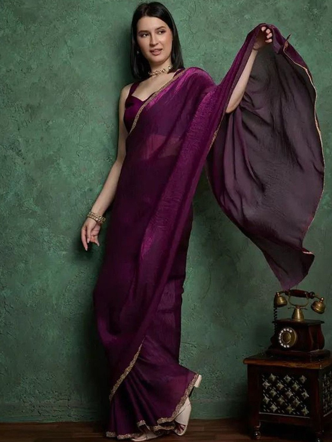 GHAN SALS Beads And Stones Pure Chiffon Saree With Unstitched Blouse Piece
