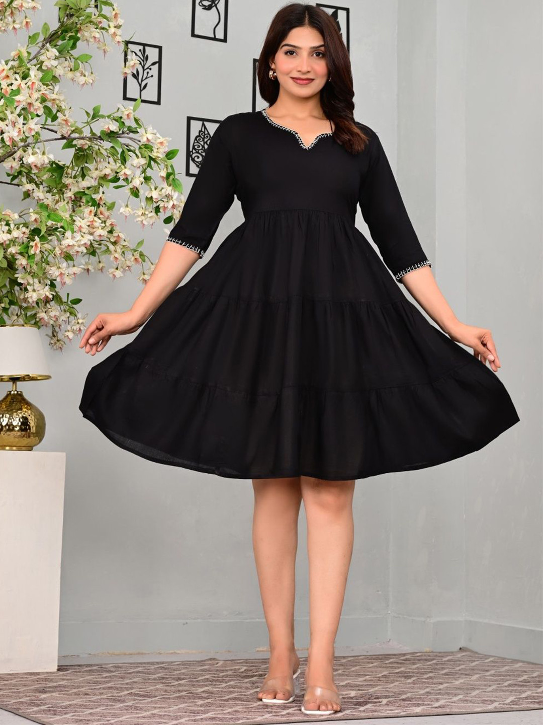 RAMILA EXPORT Women Solid Embroidered Fit and Flare Dress