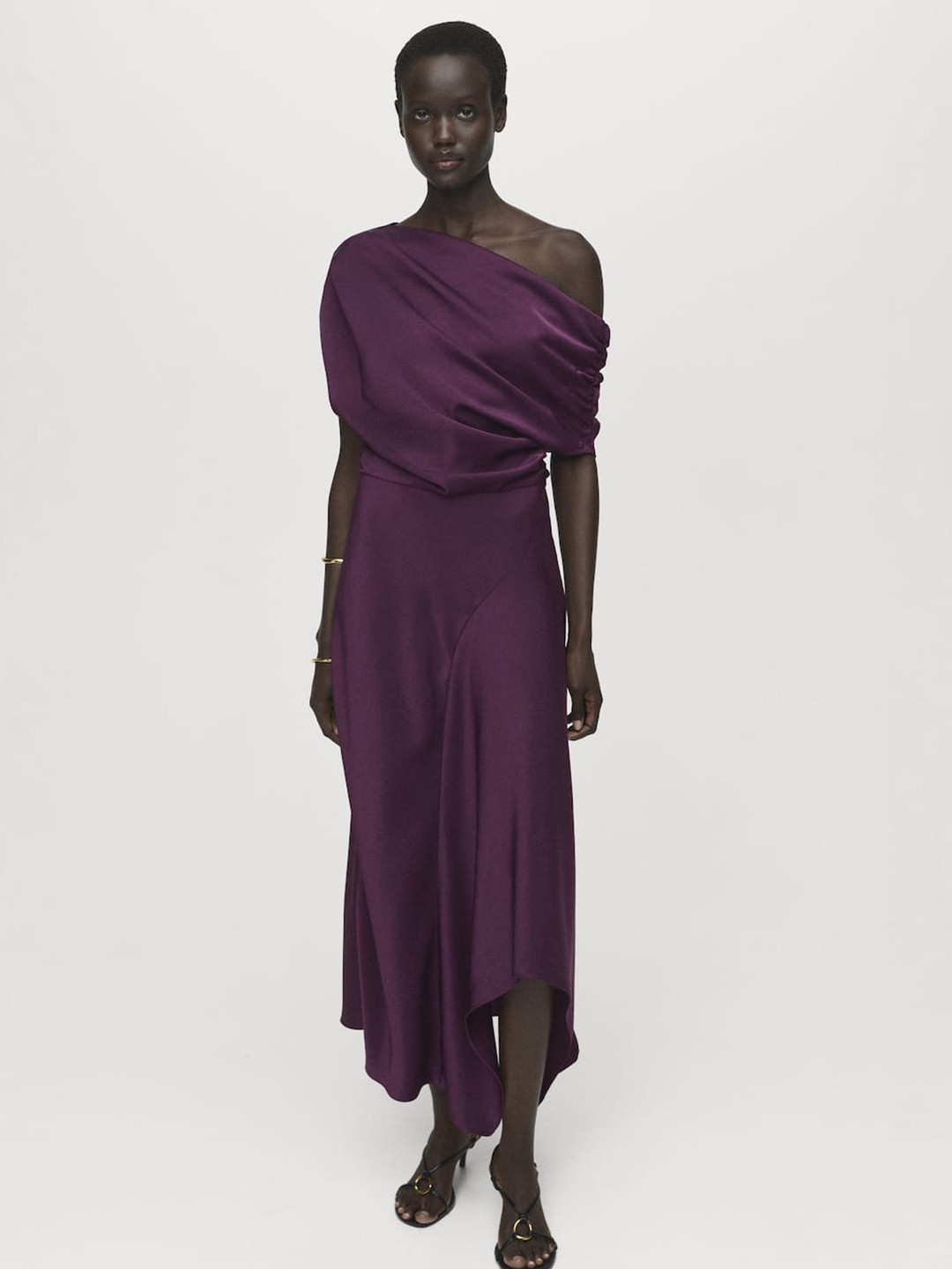 MANGO One Shoulder PU Coated Satin A-Line Maxi Dress