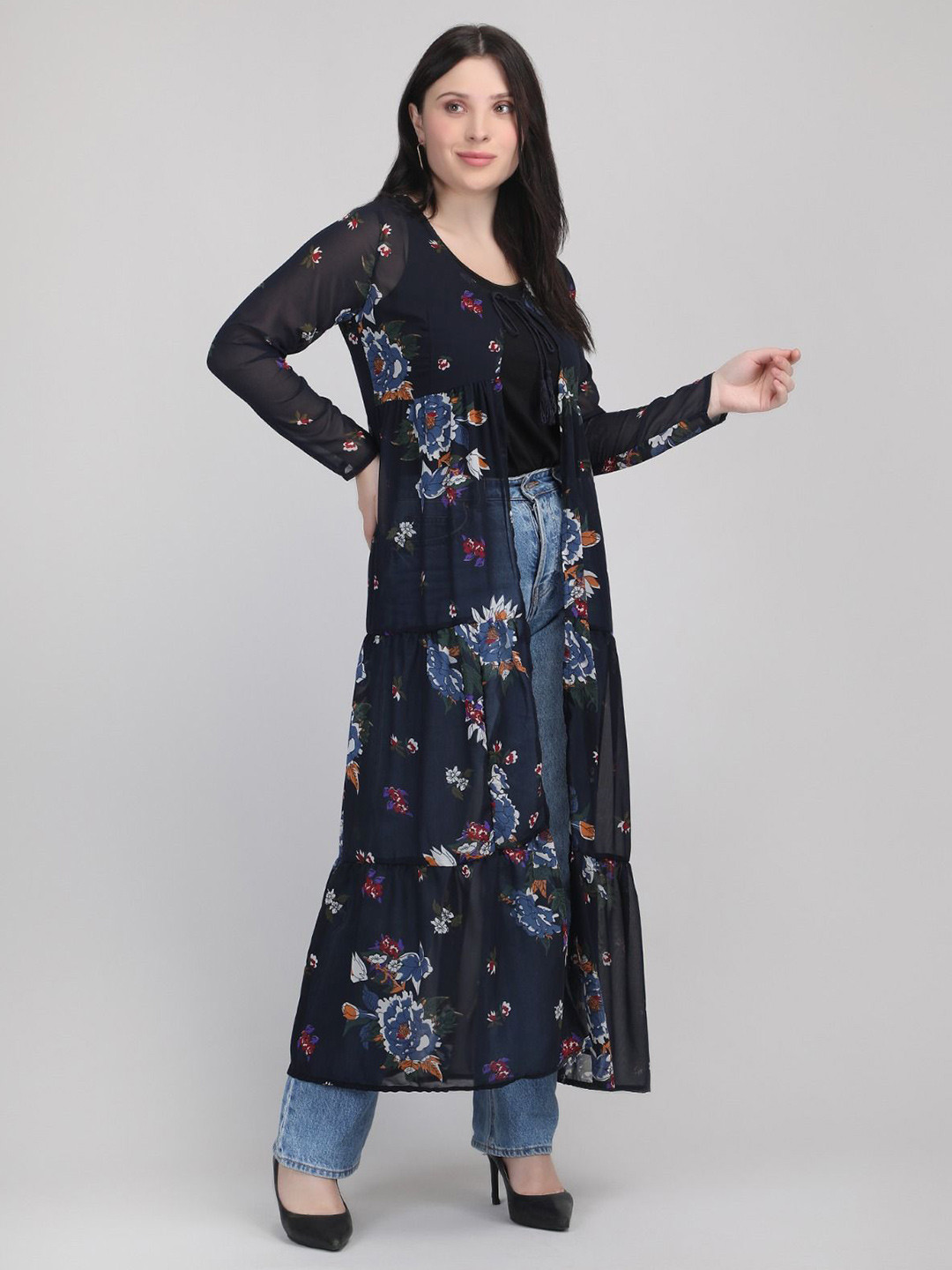 Dubai Collection Floral Printed V-Neck Longline Shrug