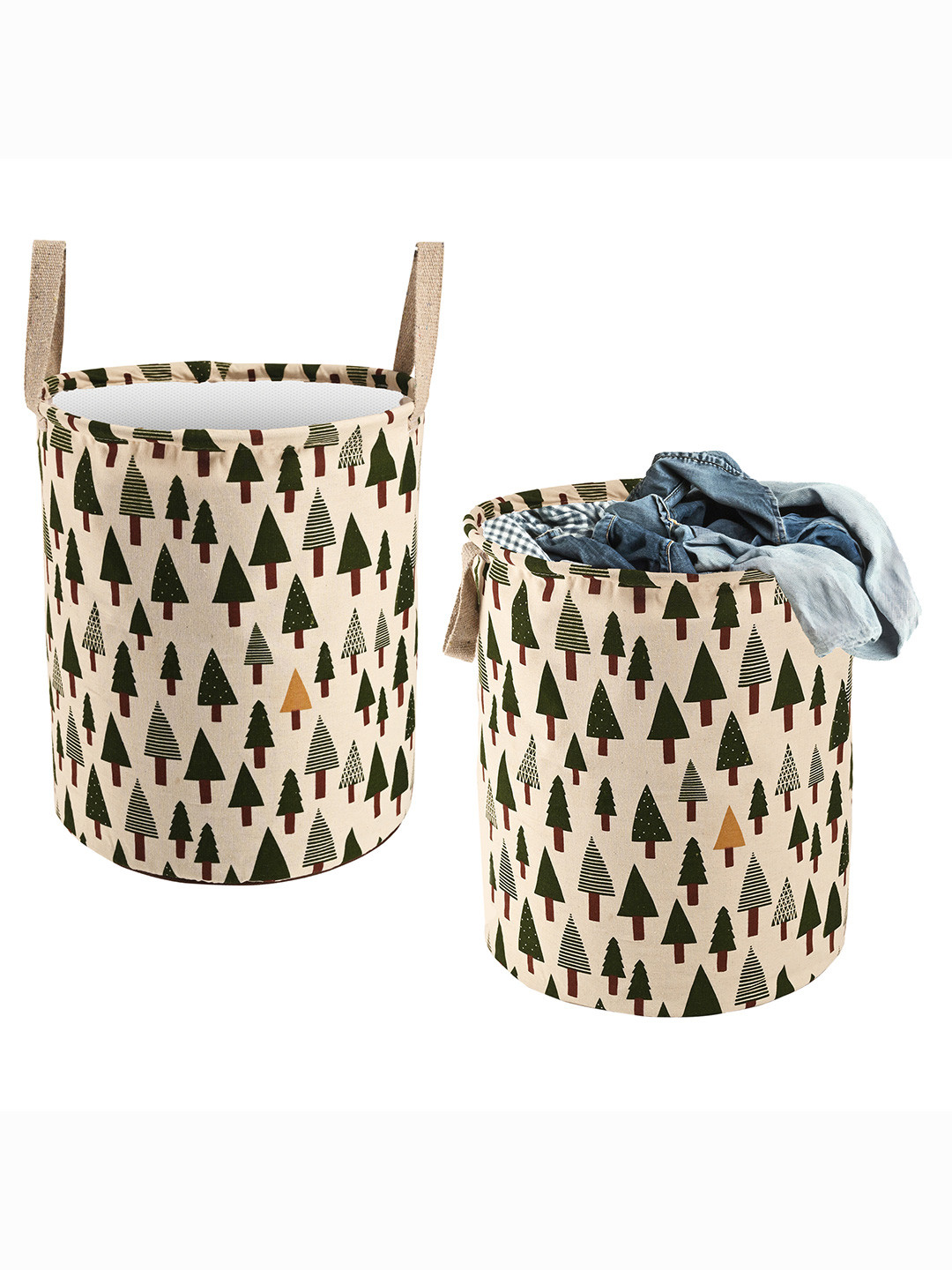 Aura 2Pcs Beige & Green Tree-Printed Foldable Laundry Bag With Handle - 60 L