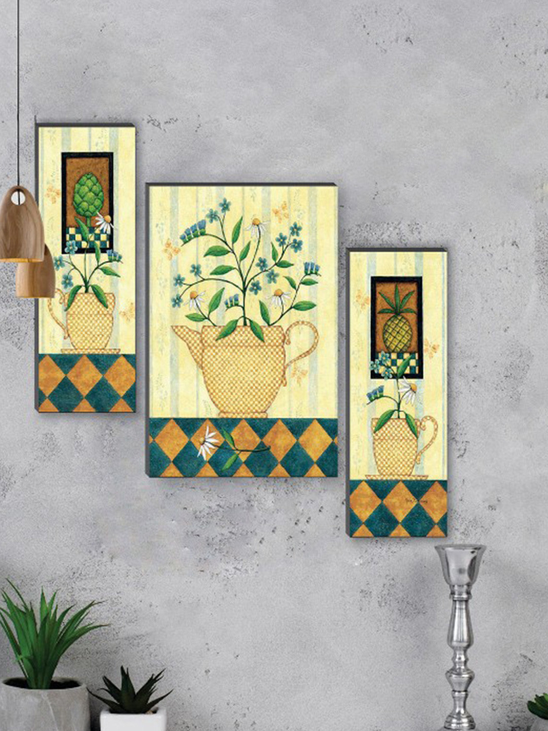 SAF Yellow & Green 3 Pcs Pretty Flowerpot UV Textured Self Adhesive Framed Wall Paintings