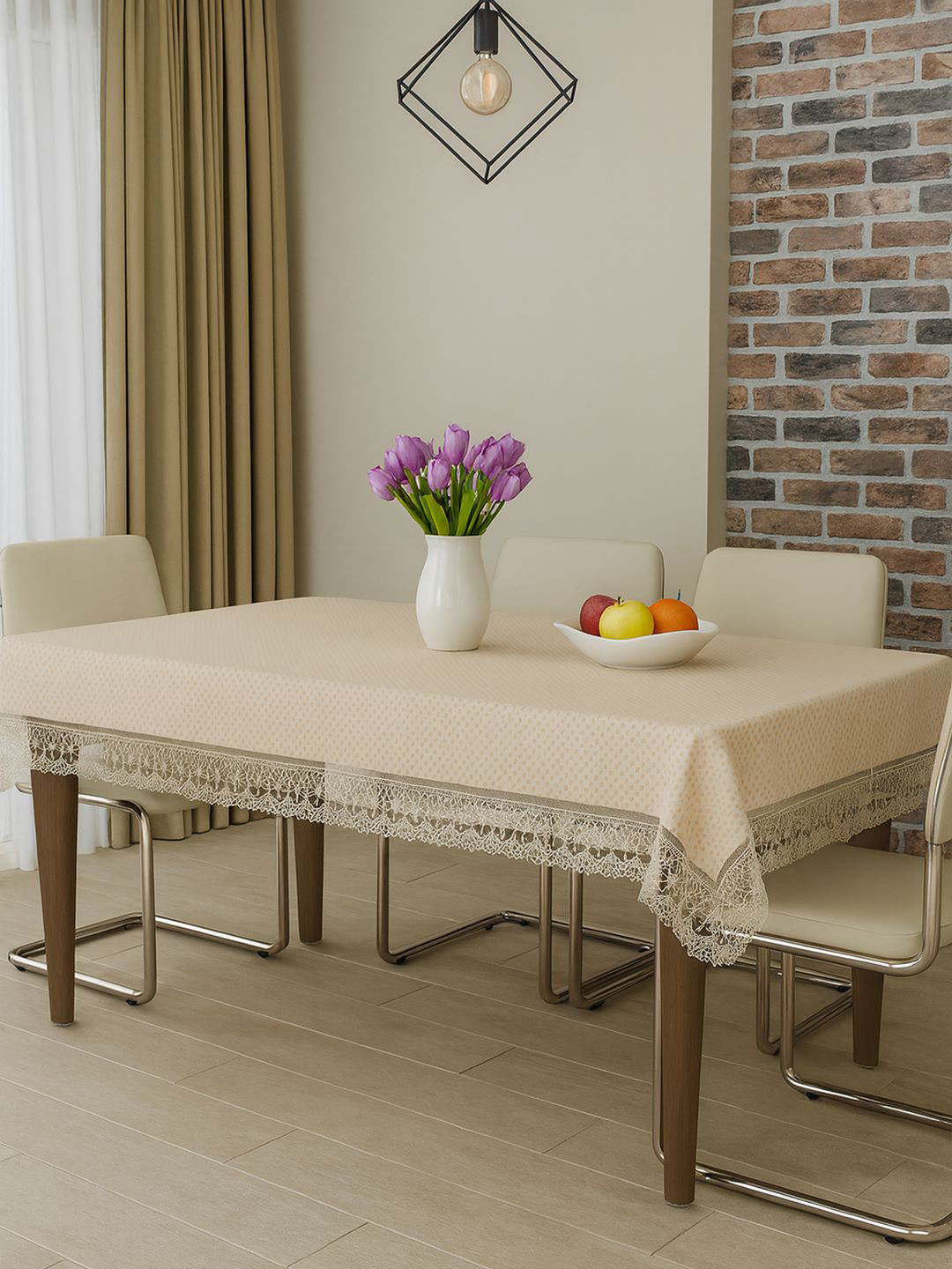 Aura Cream-Coloured Dot Design Rectangle 6 Seater Dining Table Cover
