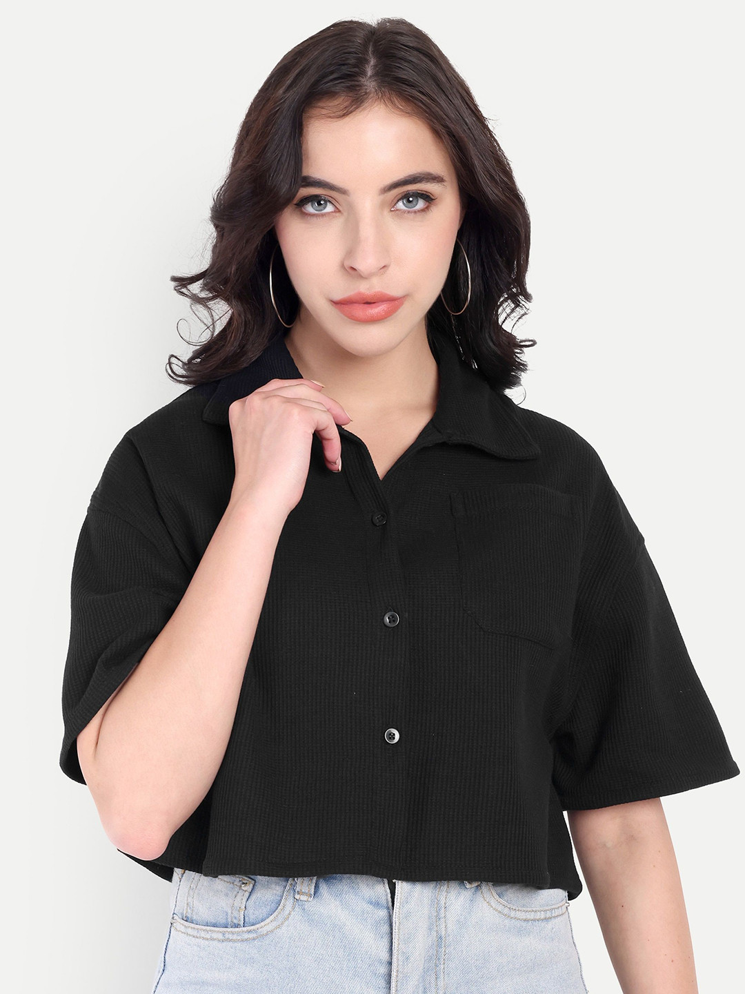 TEES HUB Women Oversized Fit Textured Spread Collar Casual Shirt
