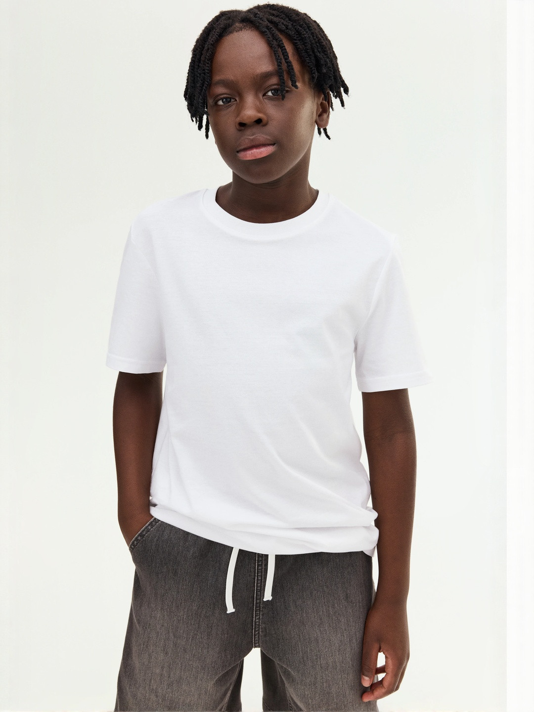 HM Boys White Solid Pure Cotton T-shirt