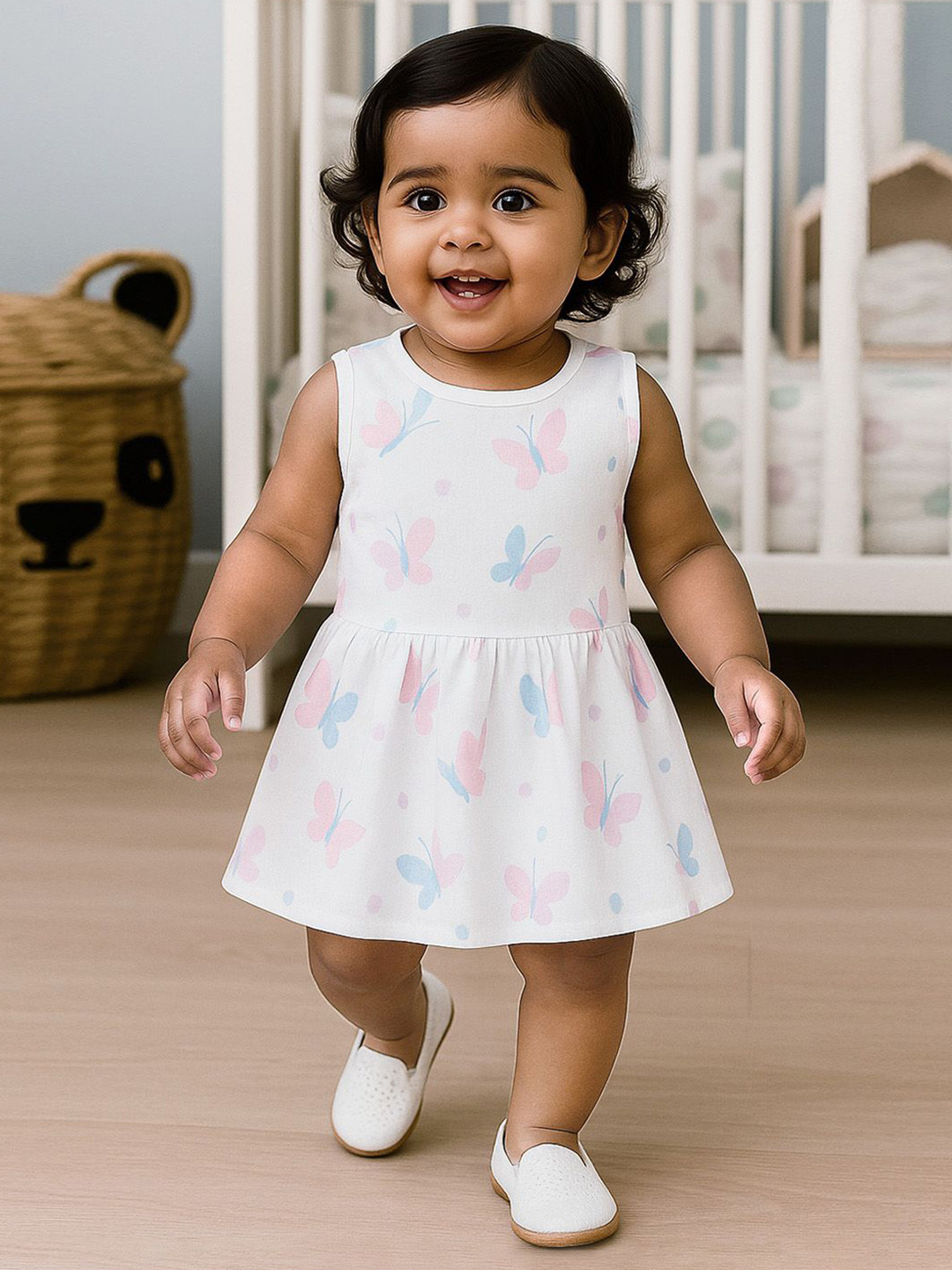 Nuego Girls Butterfly Print Pure Organic Cotton Muslin Button Dress