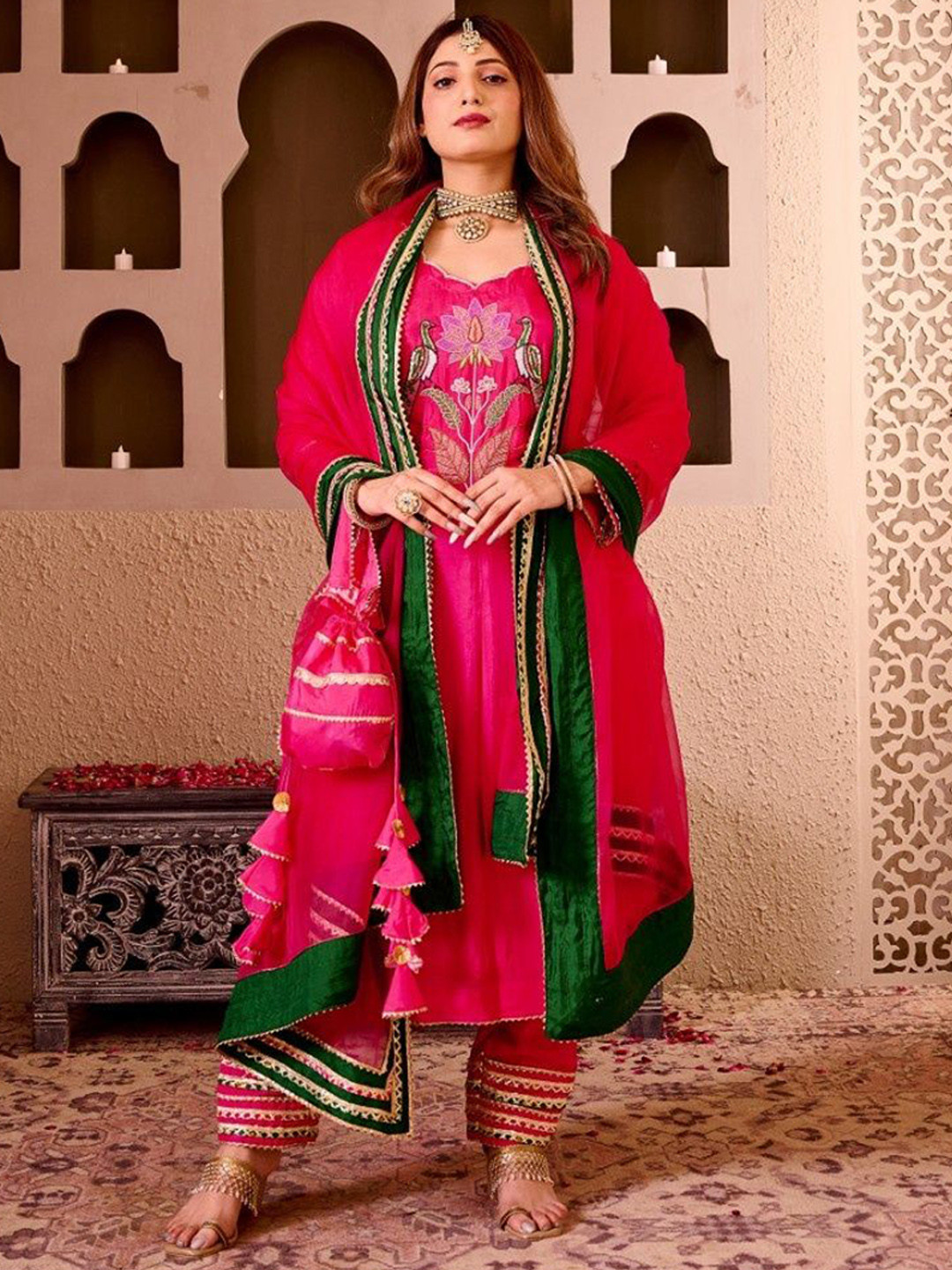 Pearls and Pastels Women Ethnic Motifs Embroidered Kurta with Trousers & Dupatta