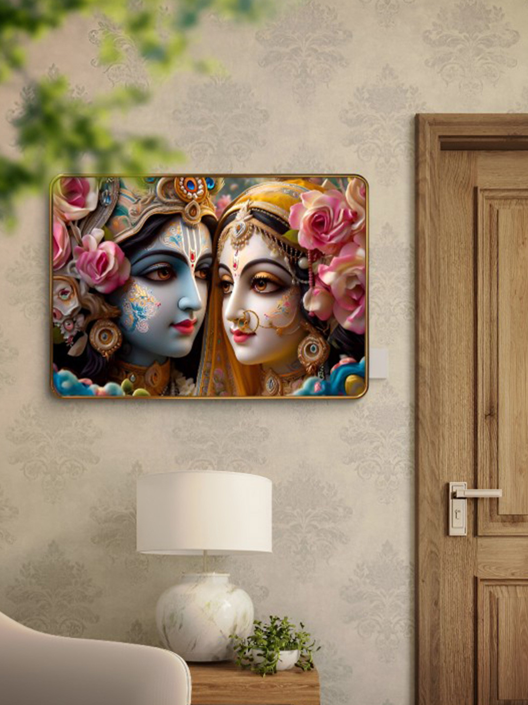 SAF Blue & Red Radha Krishna Sparkle Lamination Canvas Wall Painting