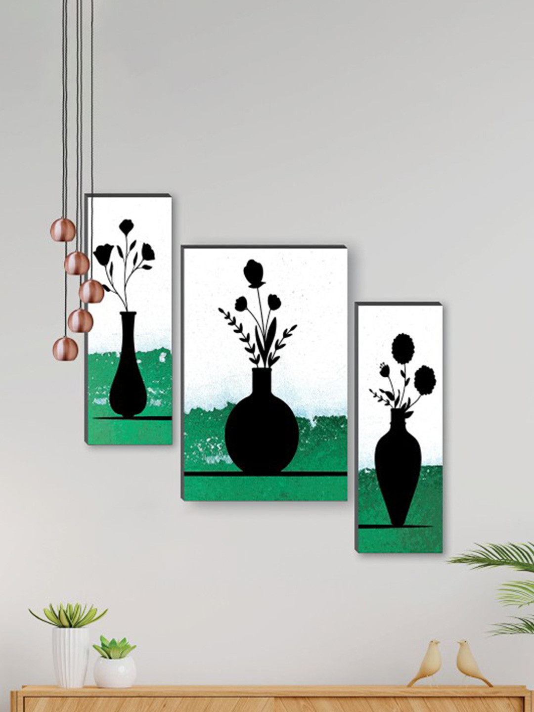 SAF White & Green 3Pcs Preety Flower Pot UV Textured Self Adhesive Frame Painting Wall Art