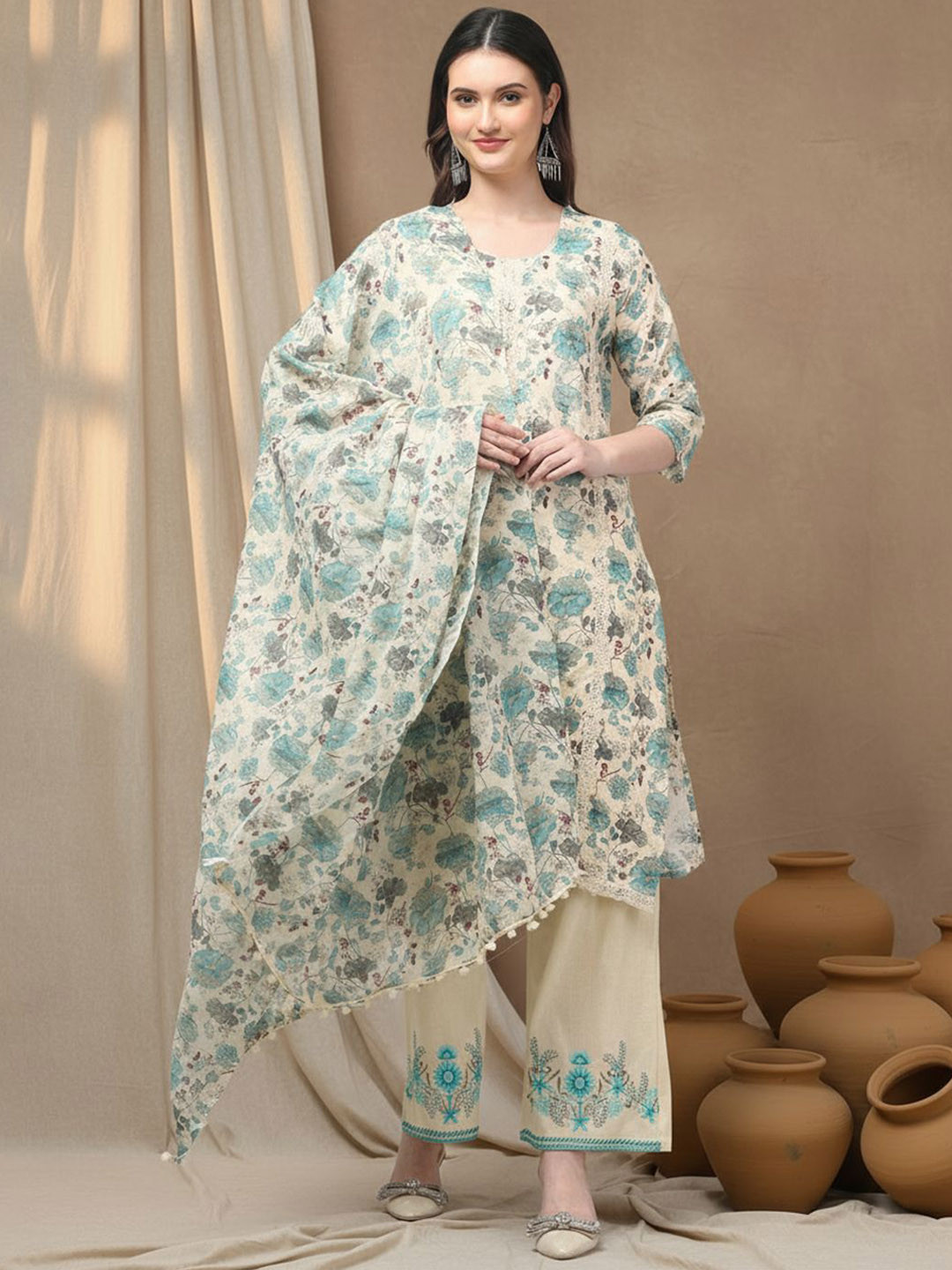 Aronita Women Floral Printed Regular Thread Work Pure Cotton Kurta with Palazzos & Dupatta