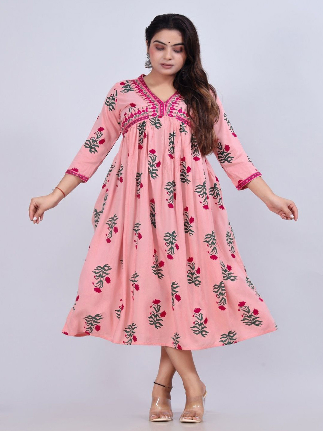 ETZIN Floral Printed Gathered or Pleated A-Line Midi Dress