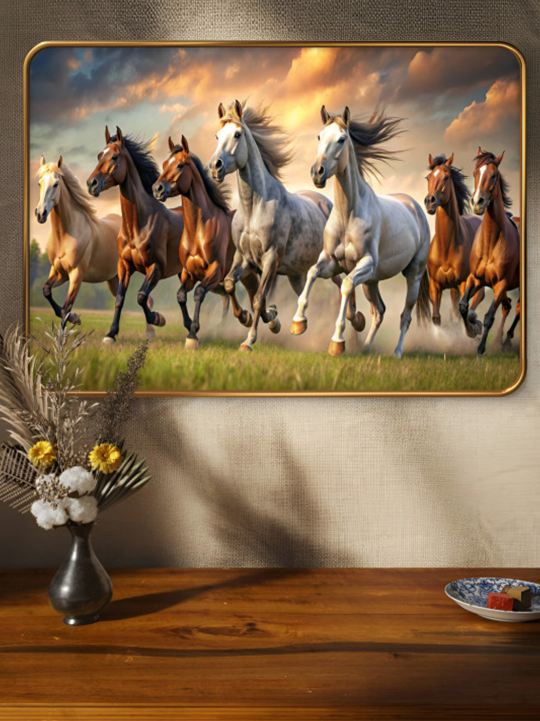 SAF White & Brown Seven Running Horses Sparkle Lamination Finished Wood Wall Painting