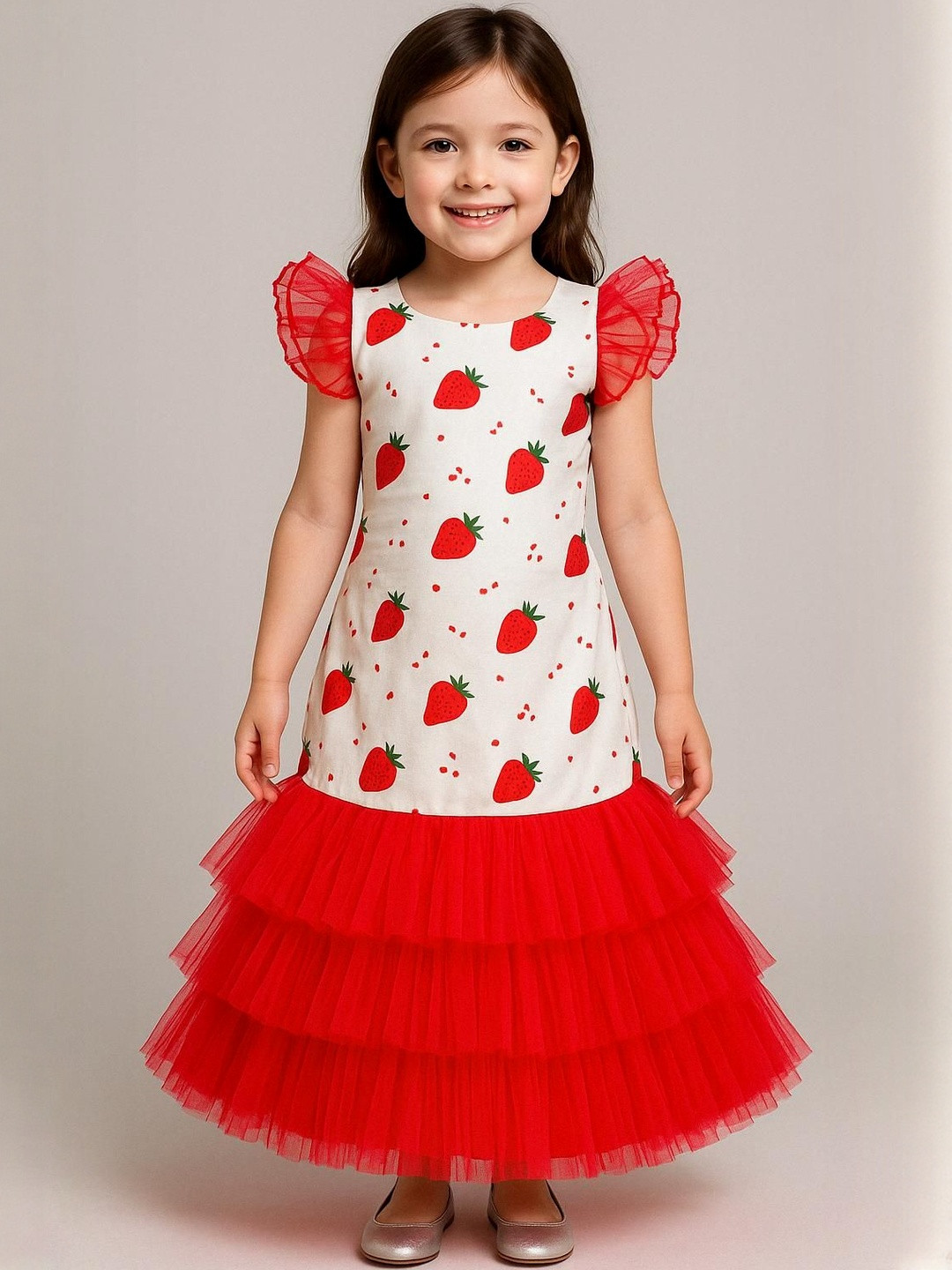 My Lil Princess Girls Mermaid Printed Puff Sleeve Satin A-Line Maxi Dress