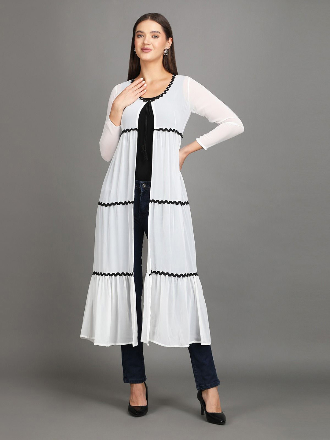 Lush&Loom Lifestyle Tie Up Neck Georgette Longline Shrug