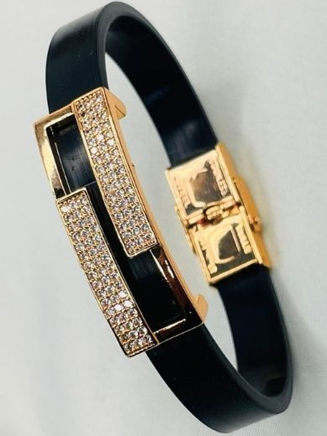 RKB Sales Men Black American Diamond Rose Gold-Plated Bracelet