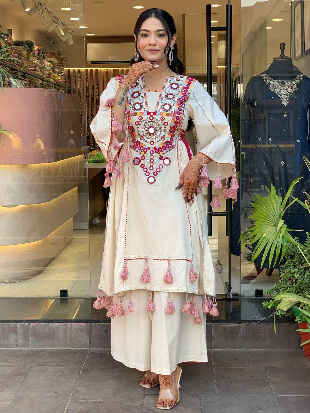 Brand Hill Women Ethnic Motifs Embroidered Mirror Work A-Line Kurta with Palazzo