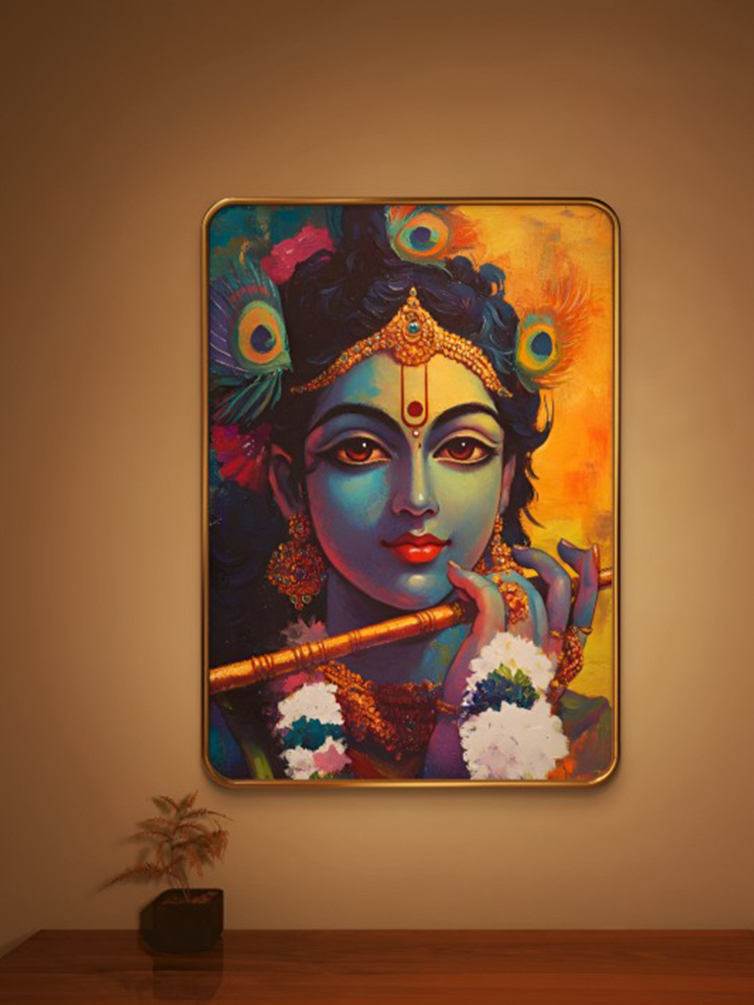 SAF Black & Red Krishna Sparkle Lamination Wood Wall Painting