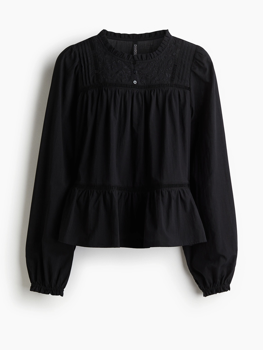 H&M Women Floral Embroidered Round Neck Puff Sleeves Cotton Peplum Top