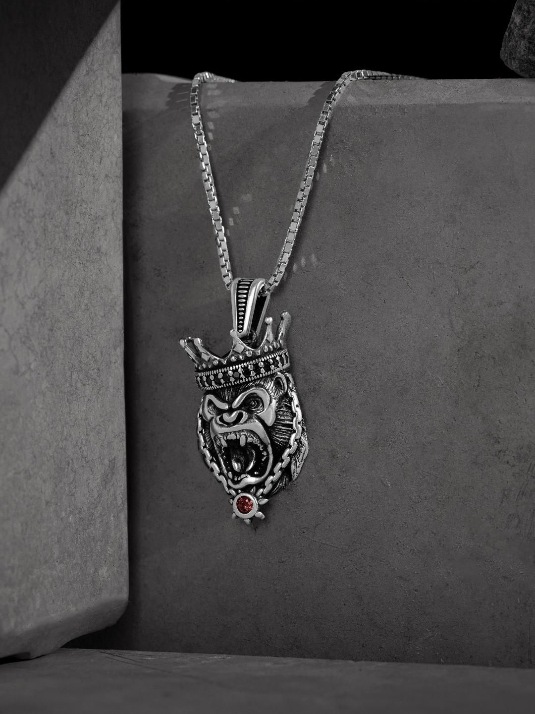 ORIONZ Men Sterling Silver Artificial Stone Studded Oxidised Roar King Kong Shaped Pendant