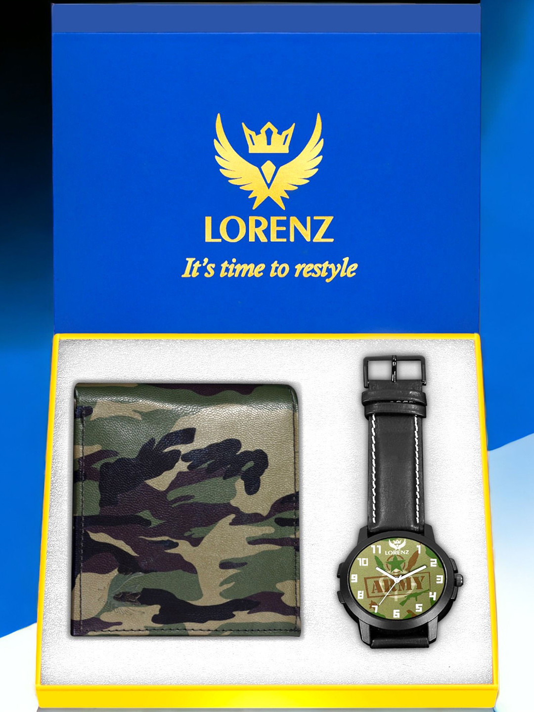 LORENZ Men Army Design Analogue Display Beige Dial Watch and Wallet Gift Set
