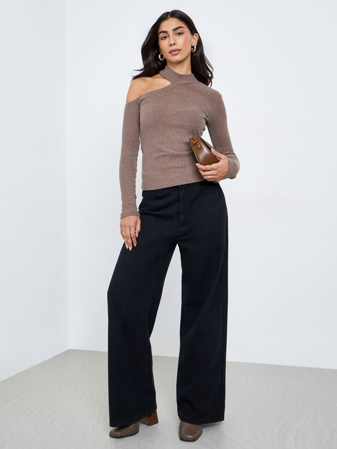 Styli Women High Neck Fitted Top With Cut-out Details