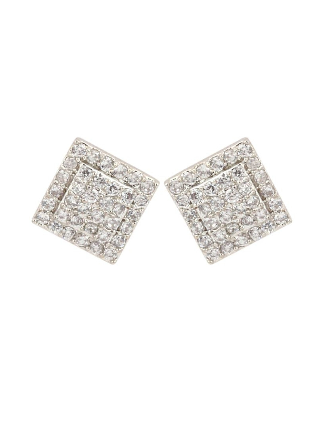 DZOIR Women Silver Toned Square CZ Diamond Stud Earrings