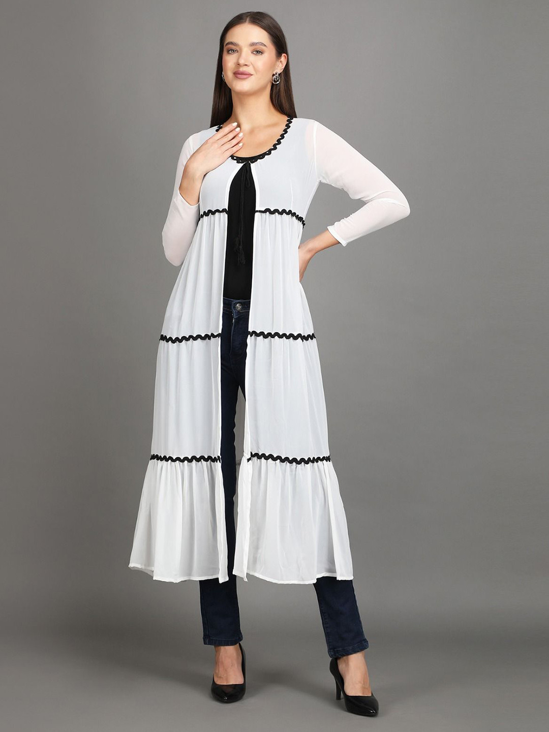 AD Fashion Striped V-Neck Longline Shrug