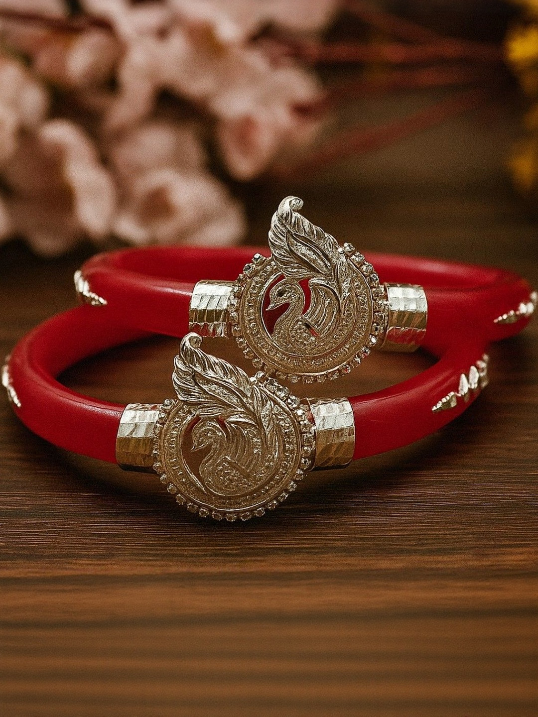 PARASMONI Women Set of 2 Red Pola Peacock Silver-Plated Bangles